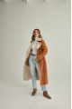 Long women's suede sheepskin coat of red color in VINTAGE style made of natural sheepskin