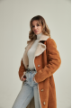 Long women's suede sheepskin coat of red color in VINTAGE style made of natural sheepskin