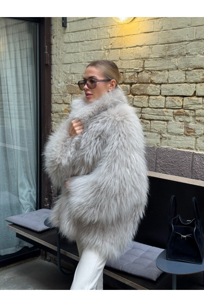 Women's gray fur coat made of natural Kashmir goatskin