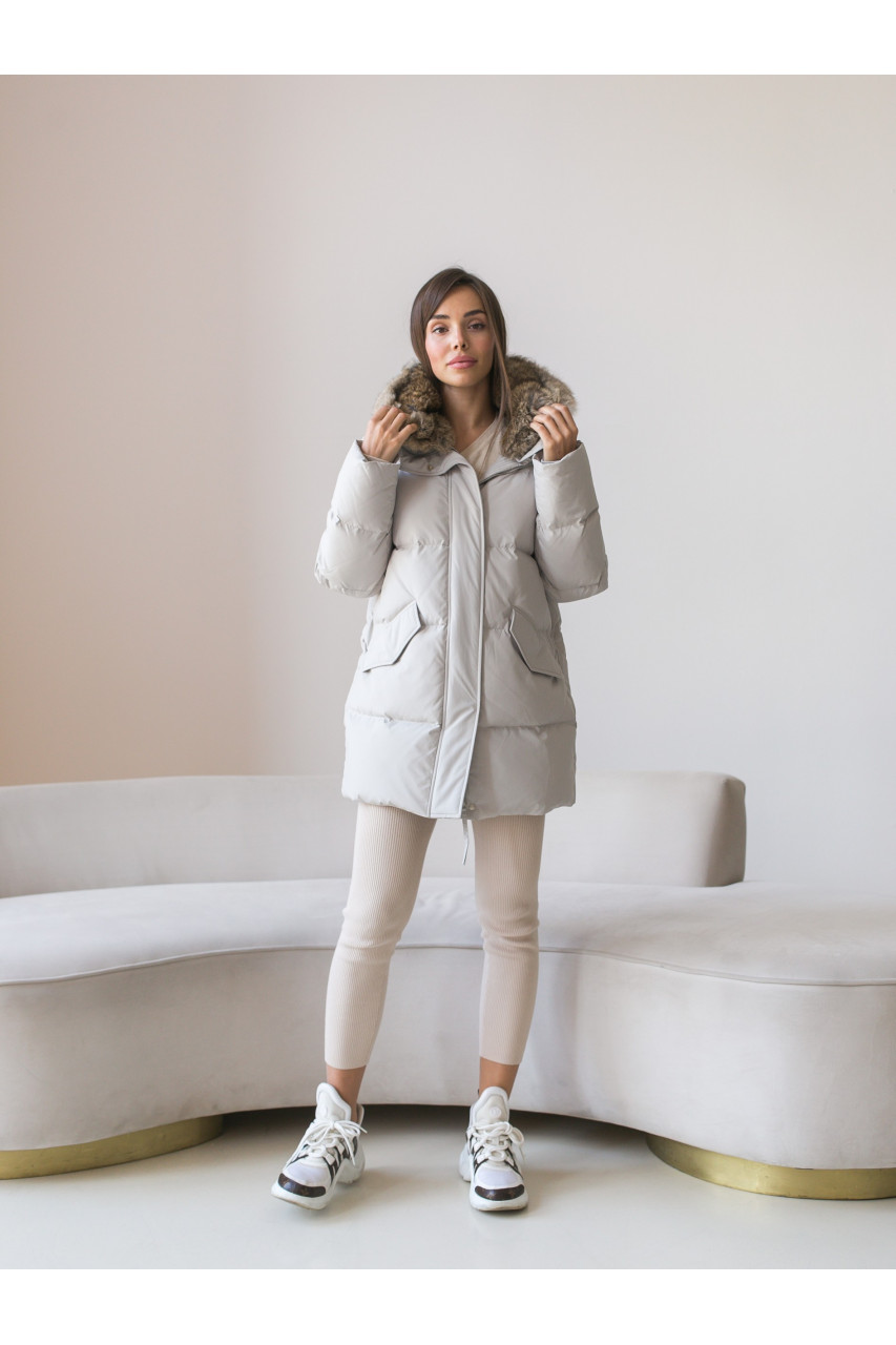 Women's light gray down jacket with hare fur trim