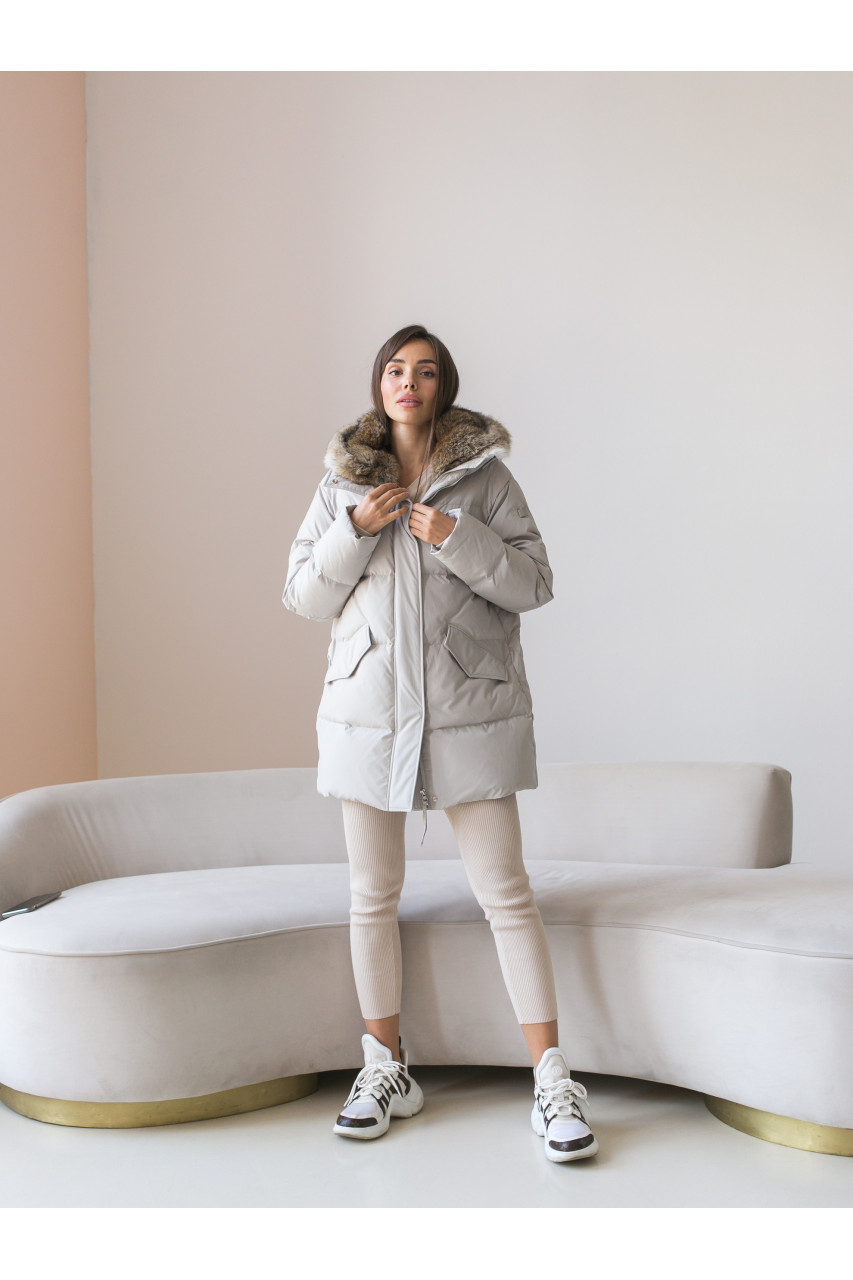 Women's light gray down jacket with hare fur trim