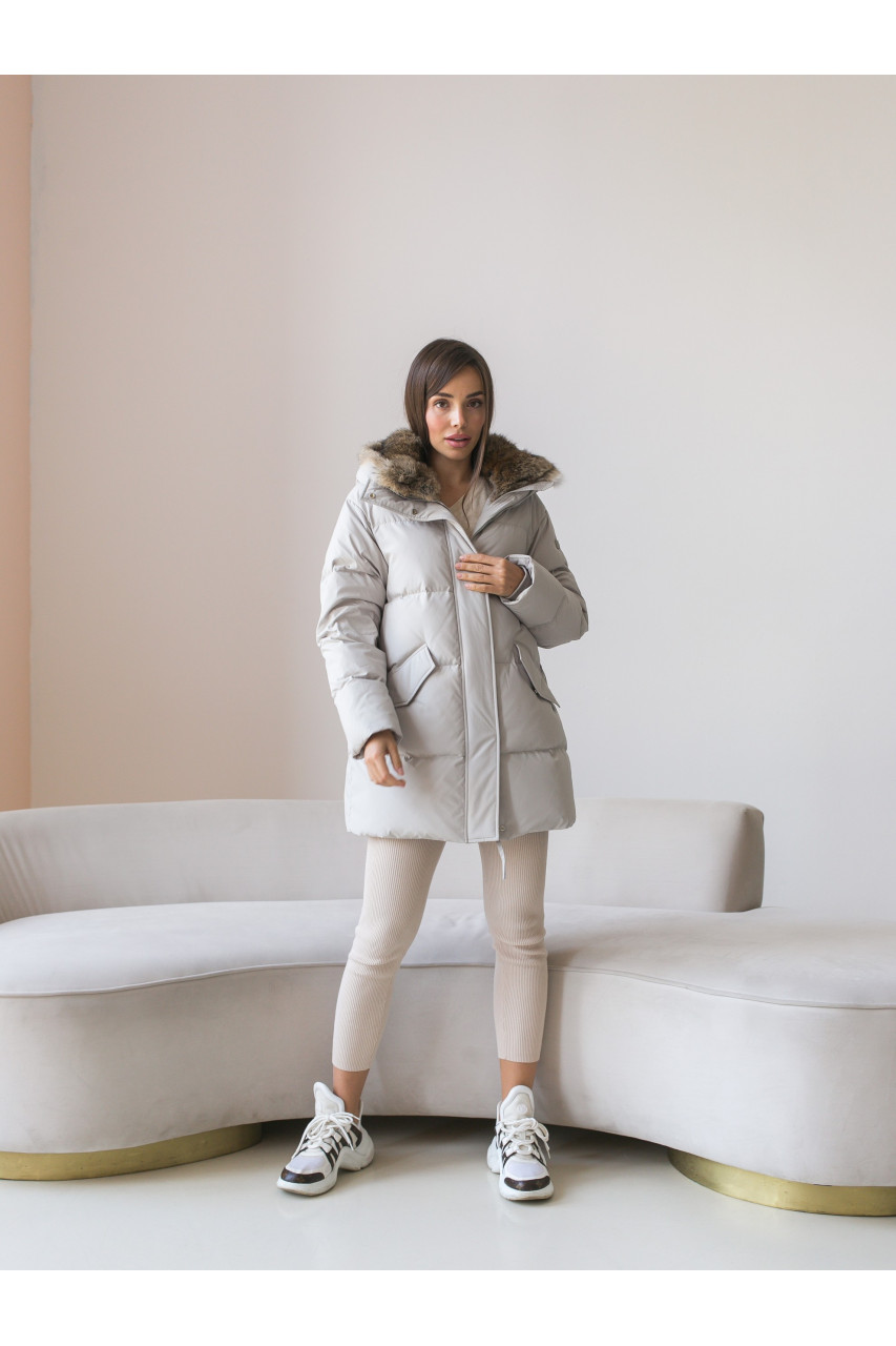 Women's light gray down jacket with hare fur trim
