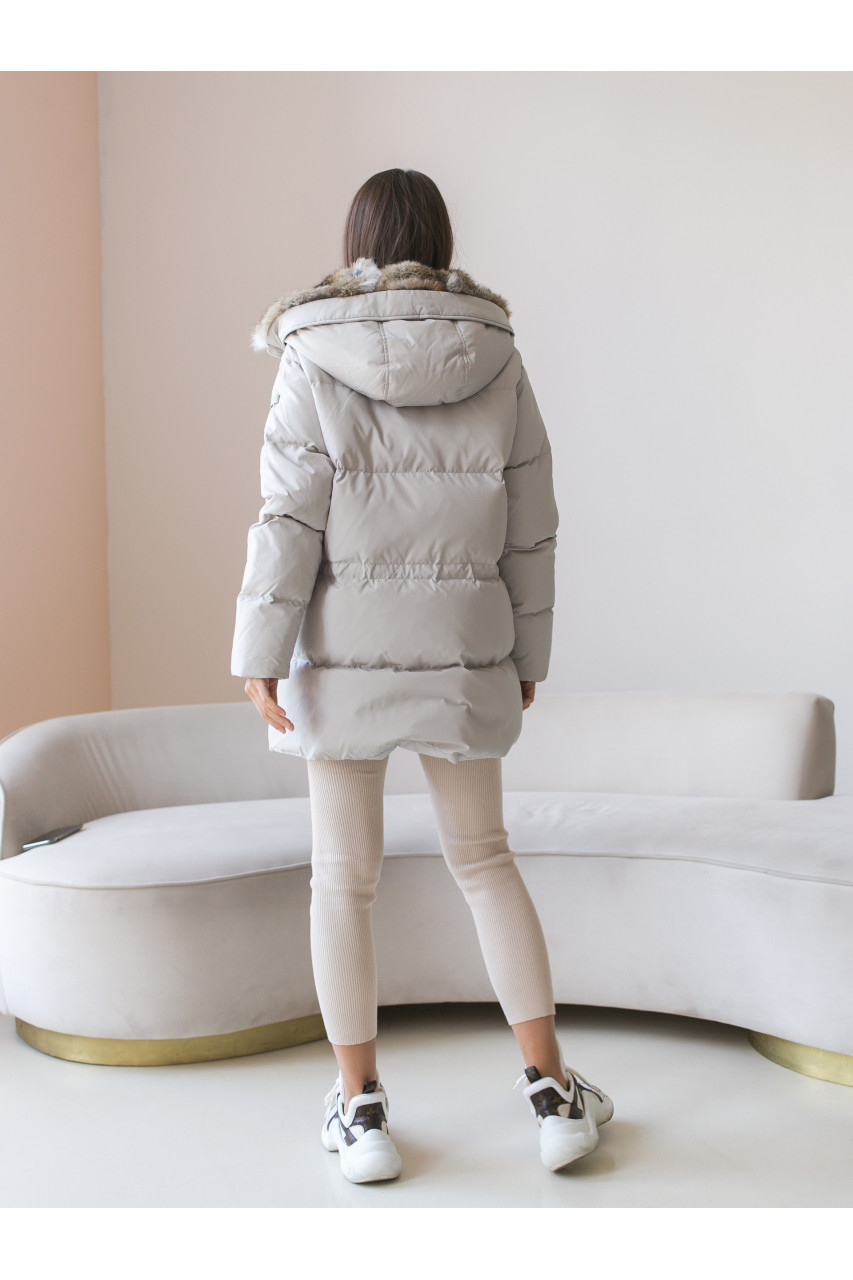 Women's light gray down jacket with hare fur trim