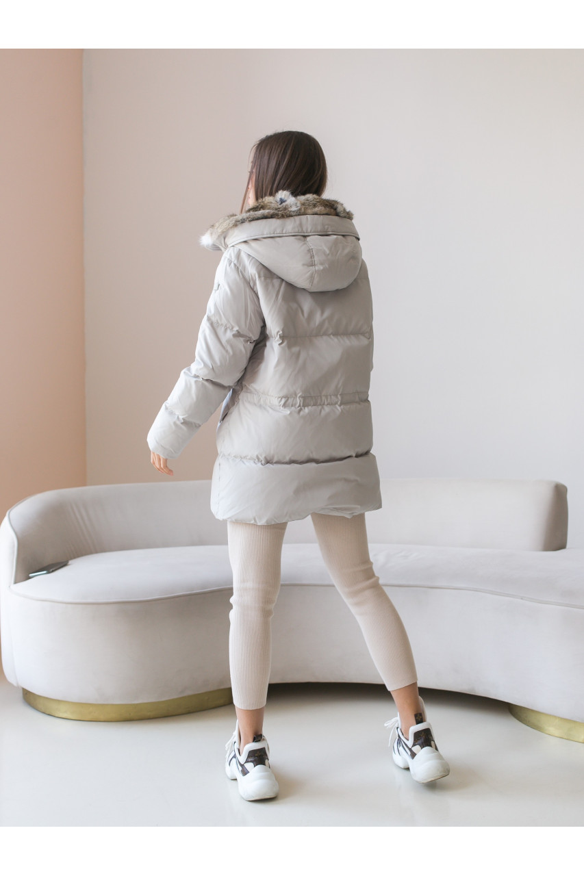 Women's light gray down jacket with hare fur trim