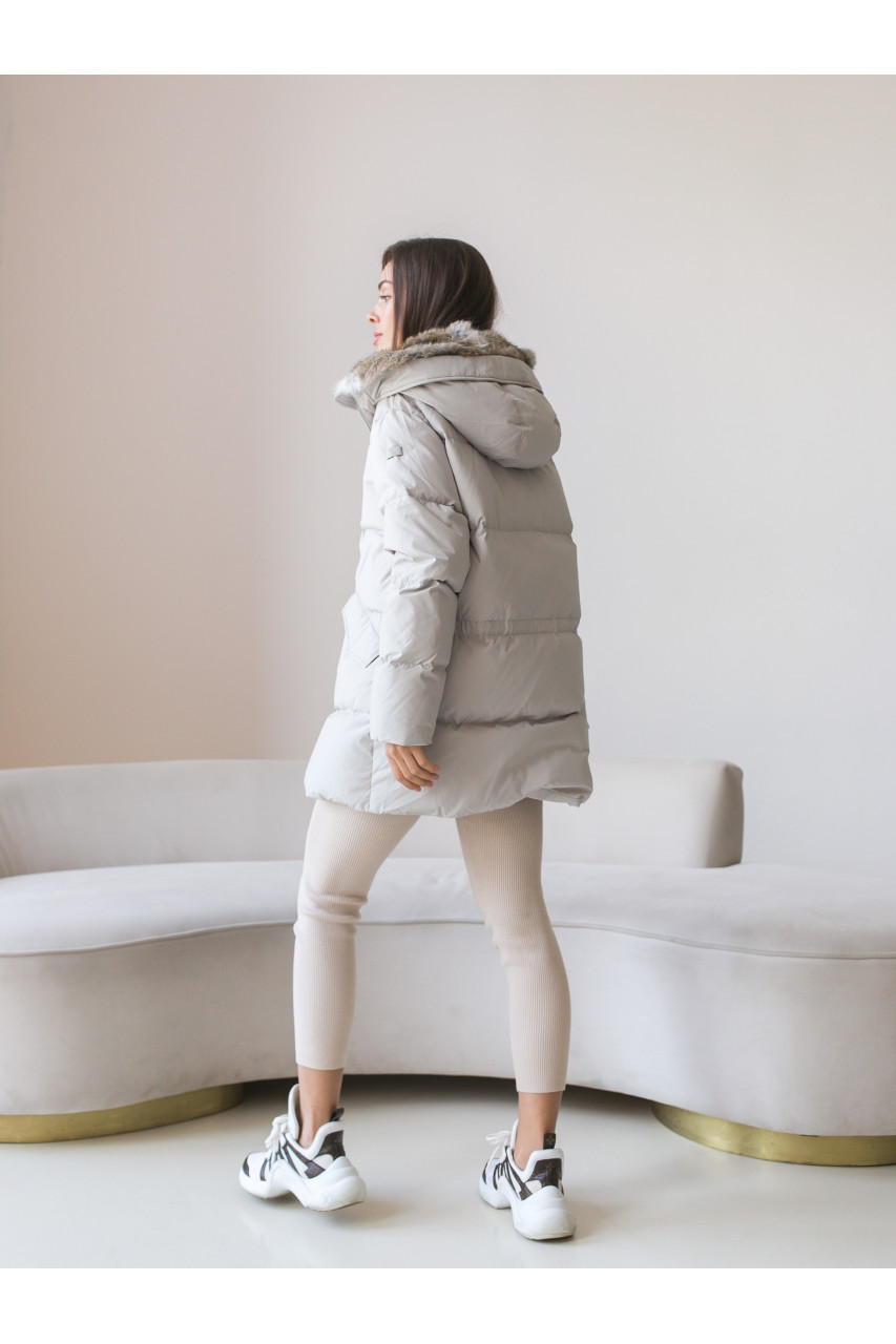 Women's light gray down jacket with hare fur trim