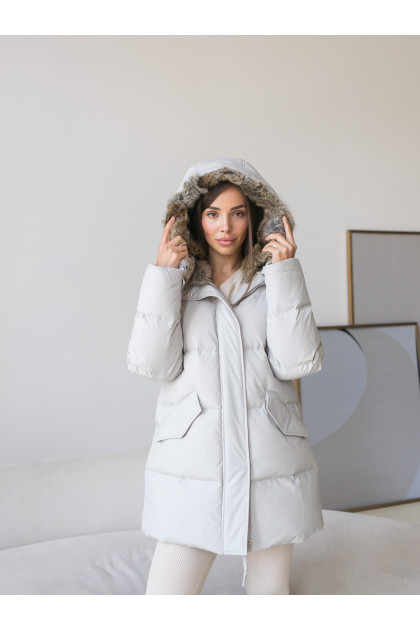 Down jacket with hare fur trim