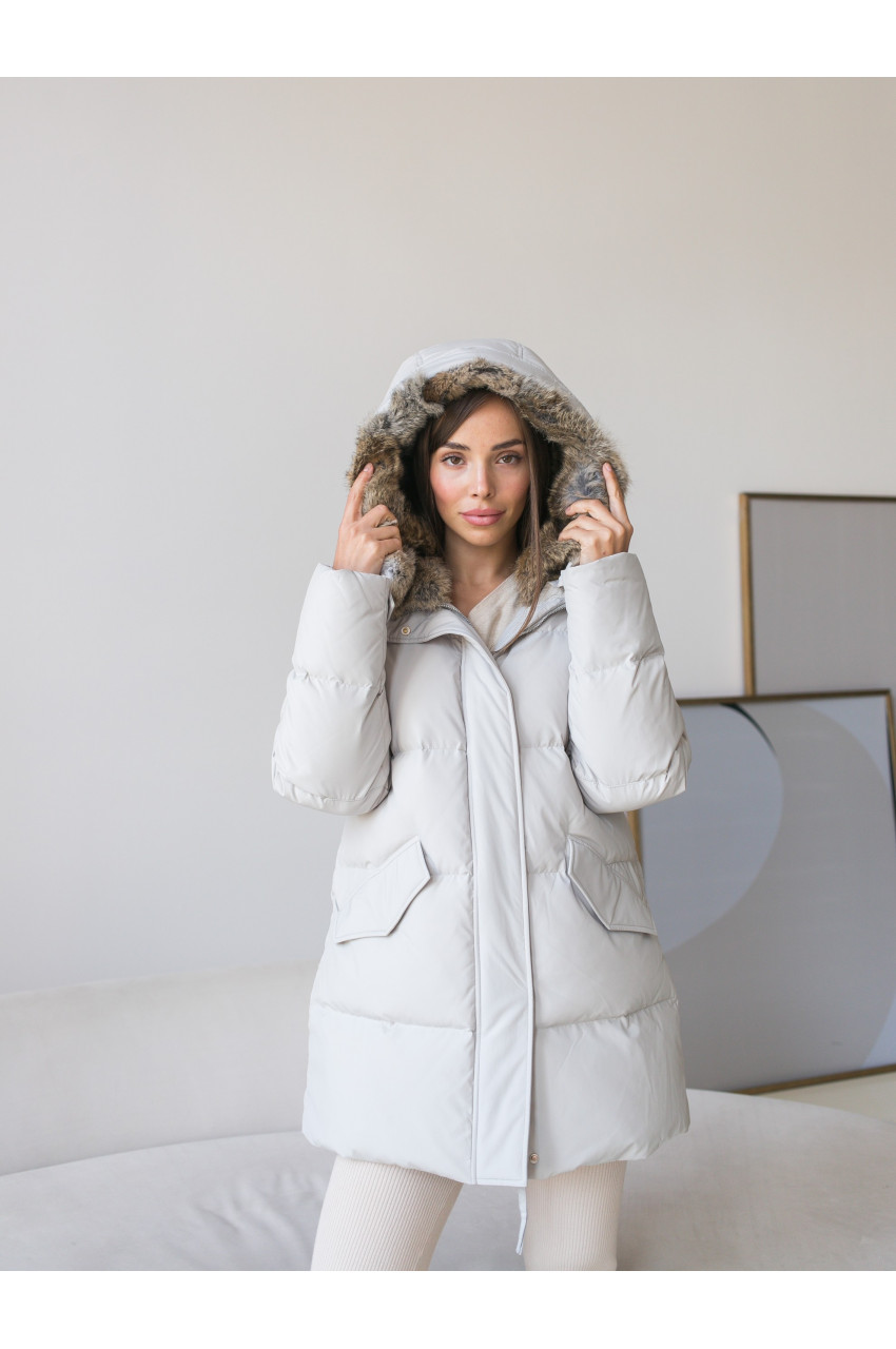 Women's light gray down jacket with hare fur trim