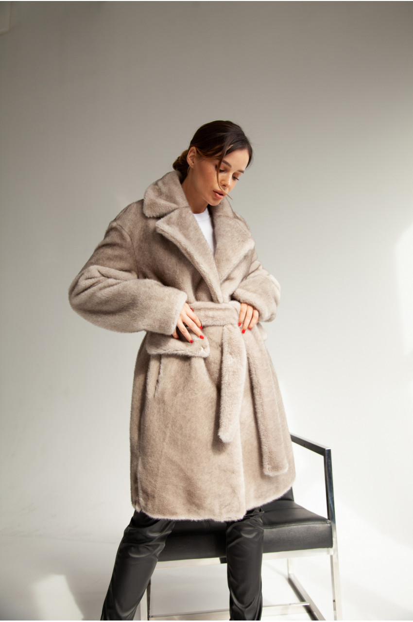 Women's coat of gray color made of ECO fur