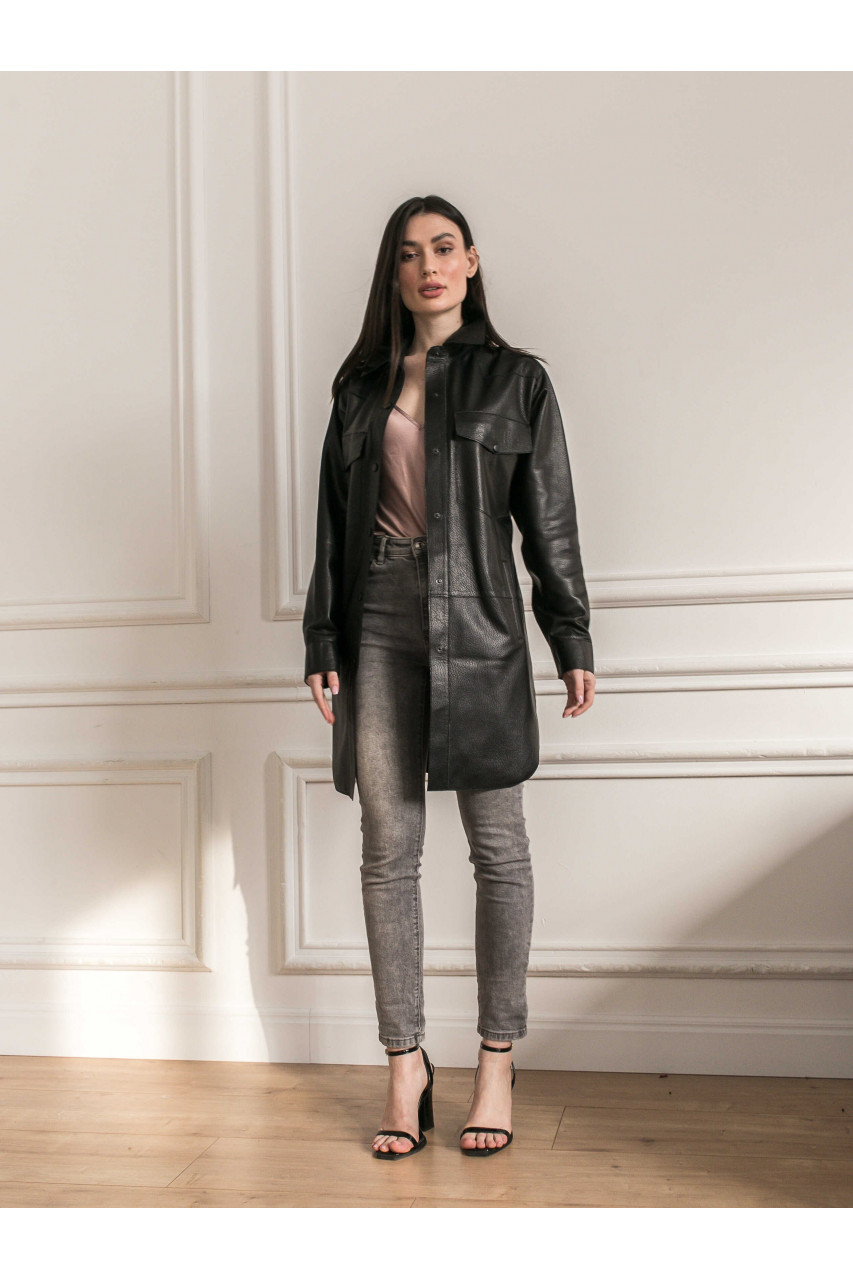 Women's jacket-shirt made of black genuine leather