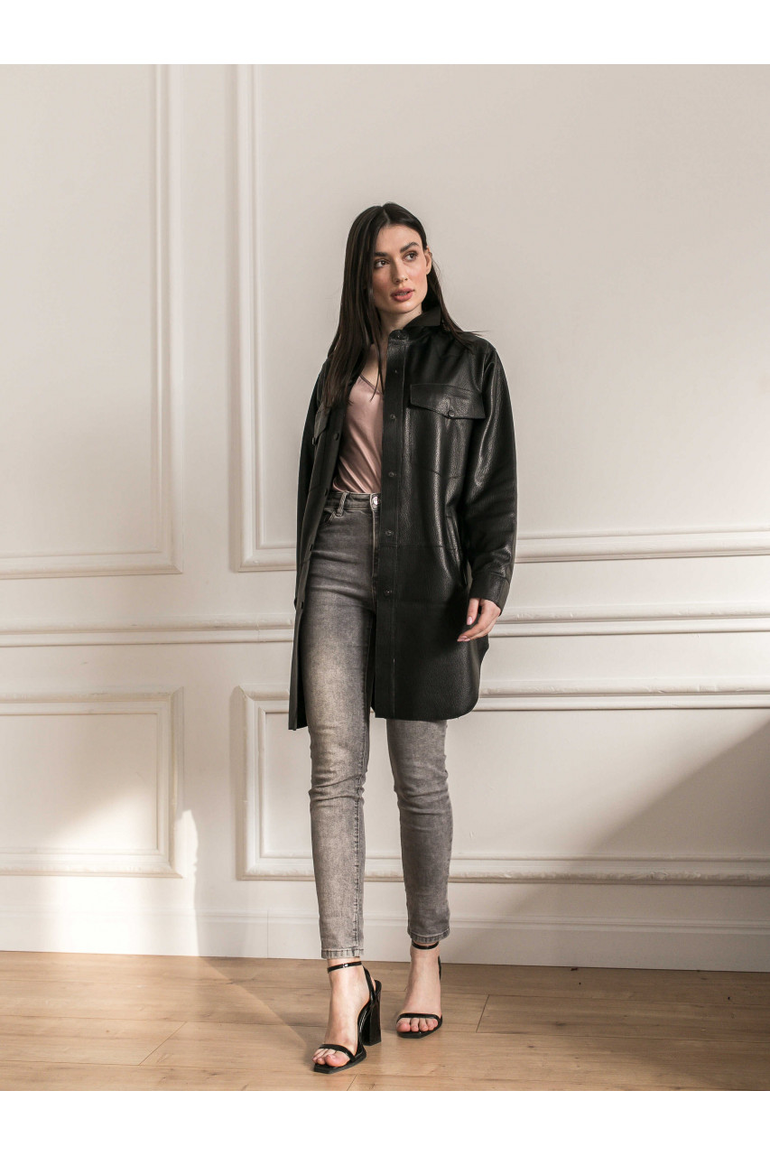 Women's jacket-shirt made of black genuine leather