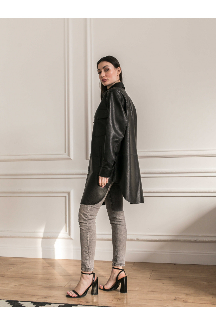 Women's jacket-shirt made of black genuine leather