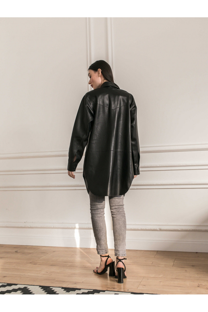 Women's jacket-shirt made of black genuine leather