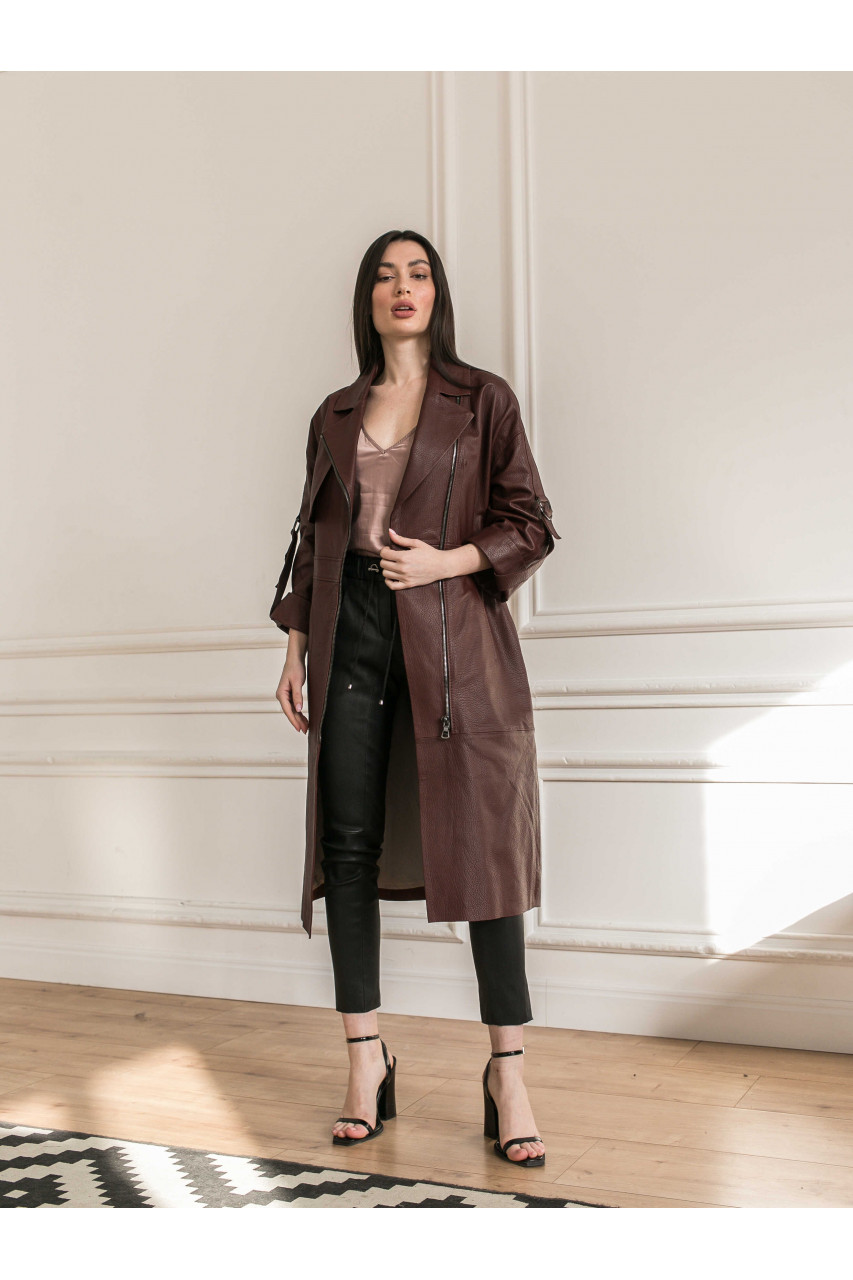 Пальто жіноче з натуральної шкіри шоколадного кольору в стилі OVERSIZE