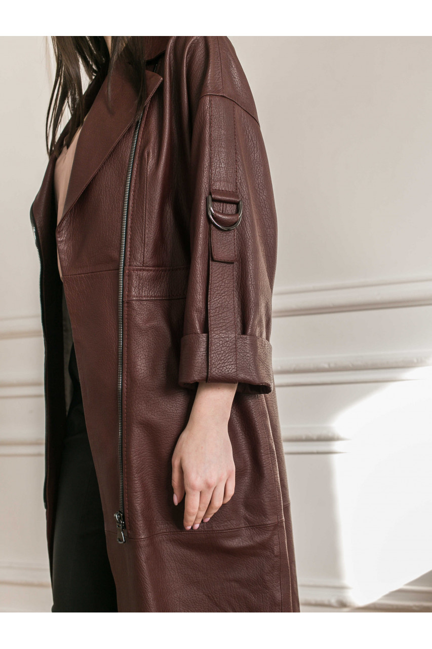 Пальто жіноче з натуральної шкіри шоколадного кольору в стилі OVERSIZE