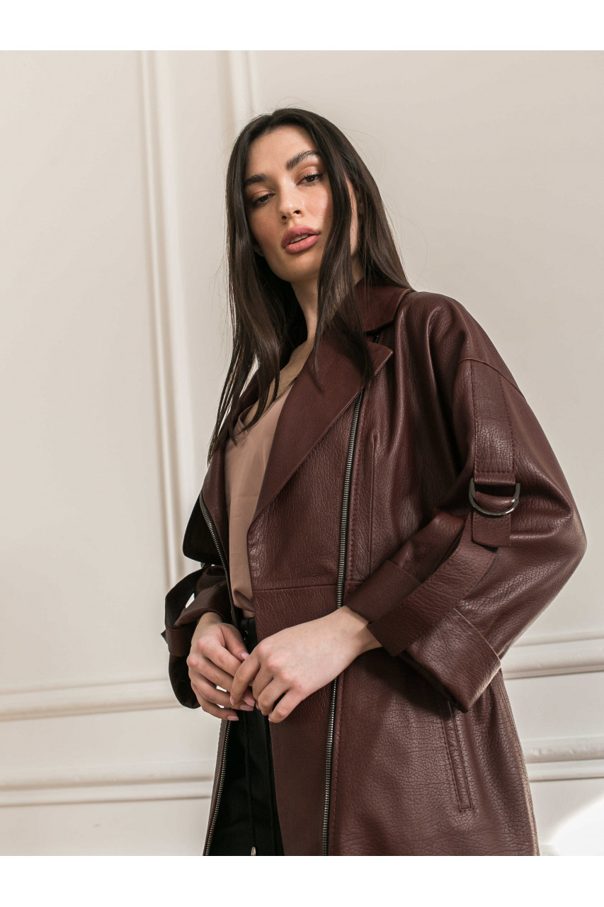 Пальто жіноче з натуральної шкіри шоколадного кольору в стилі OVERSIZE