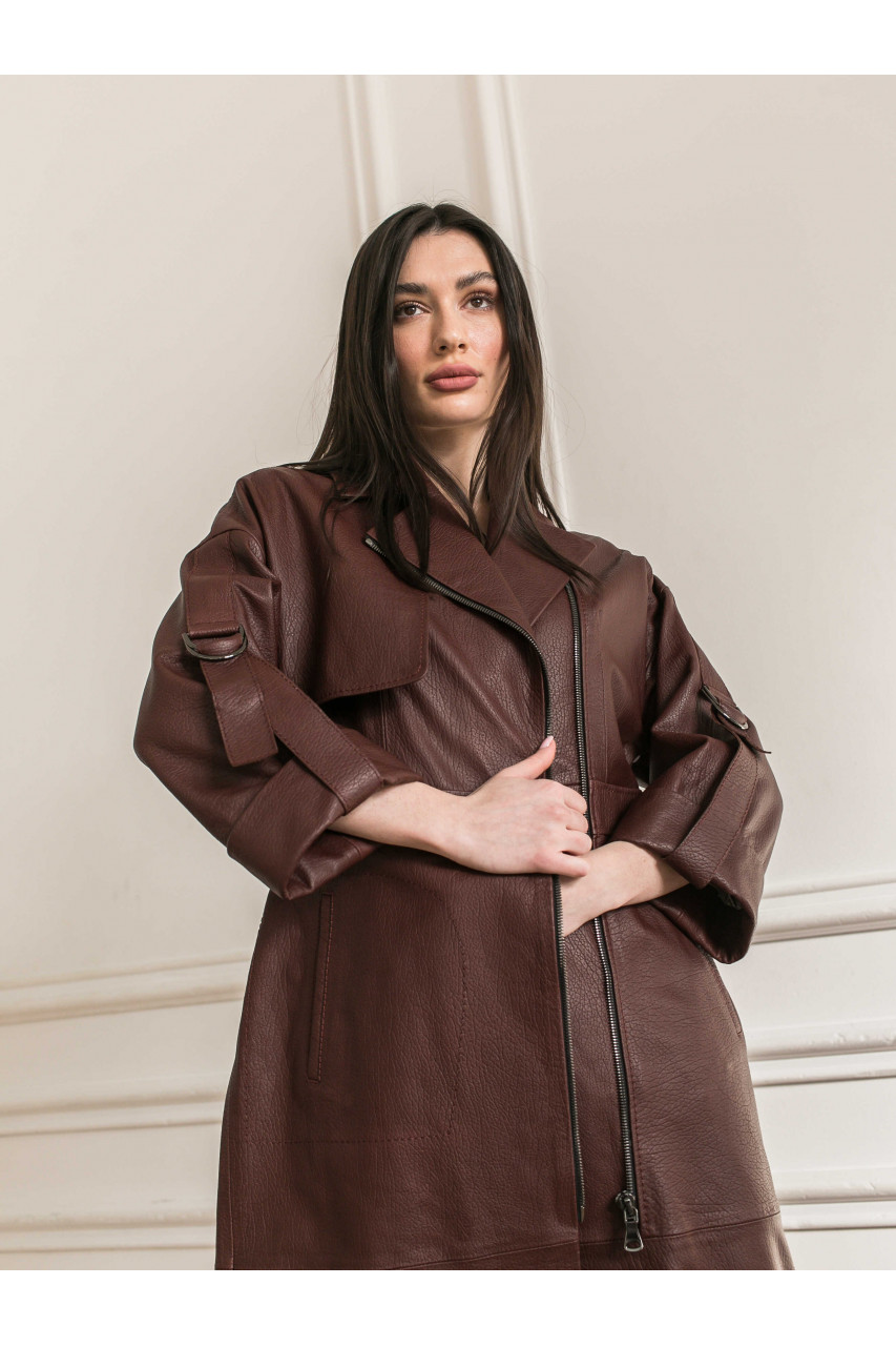 Пальто жіноче з натуральної шкіри шоколадного кольору в стилі OVERSIZE