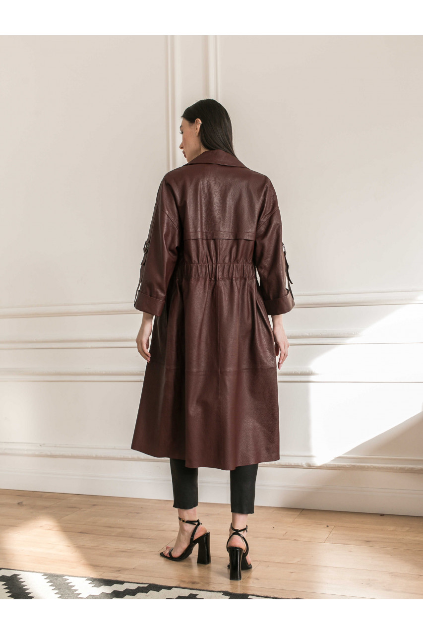 Пальто жіноче з натуральної шкіри шоколадного кольору в стилі OVERSIZE