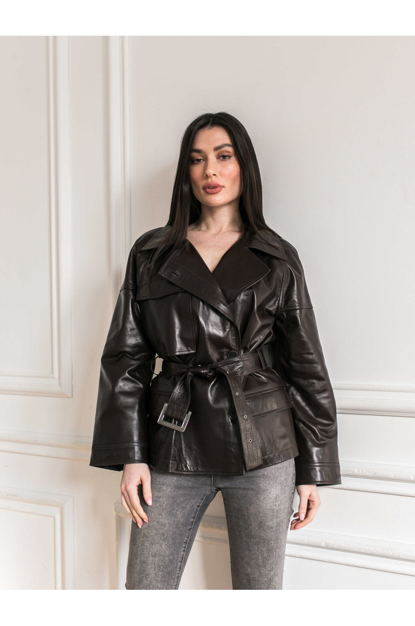 Жіноча куртка із натуральної шкіри чорного кольору в стилі OVERSIZE
