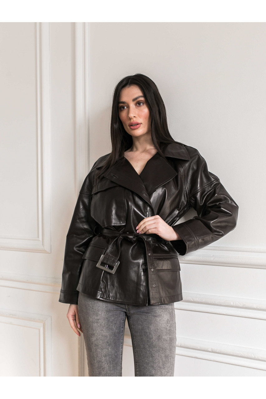 Жіноча куртка із натуральної шкіри чорного кольору в стилі OVERSIZE