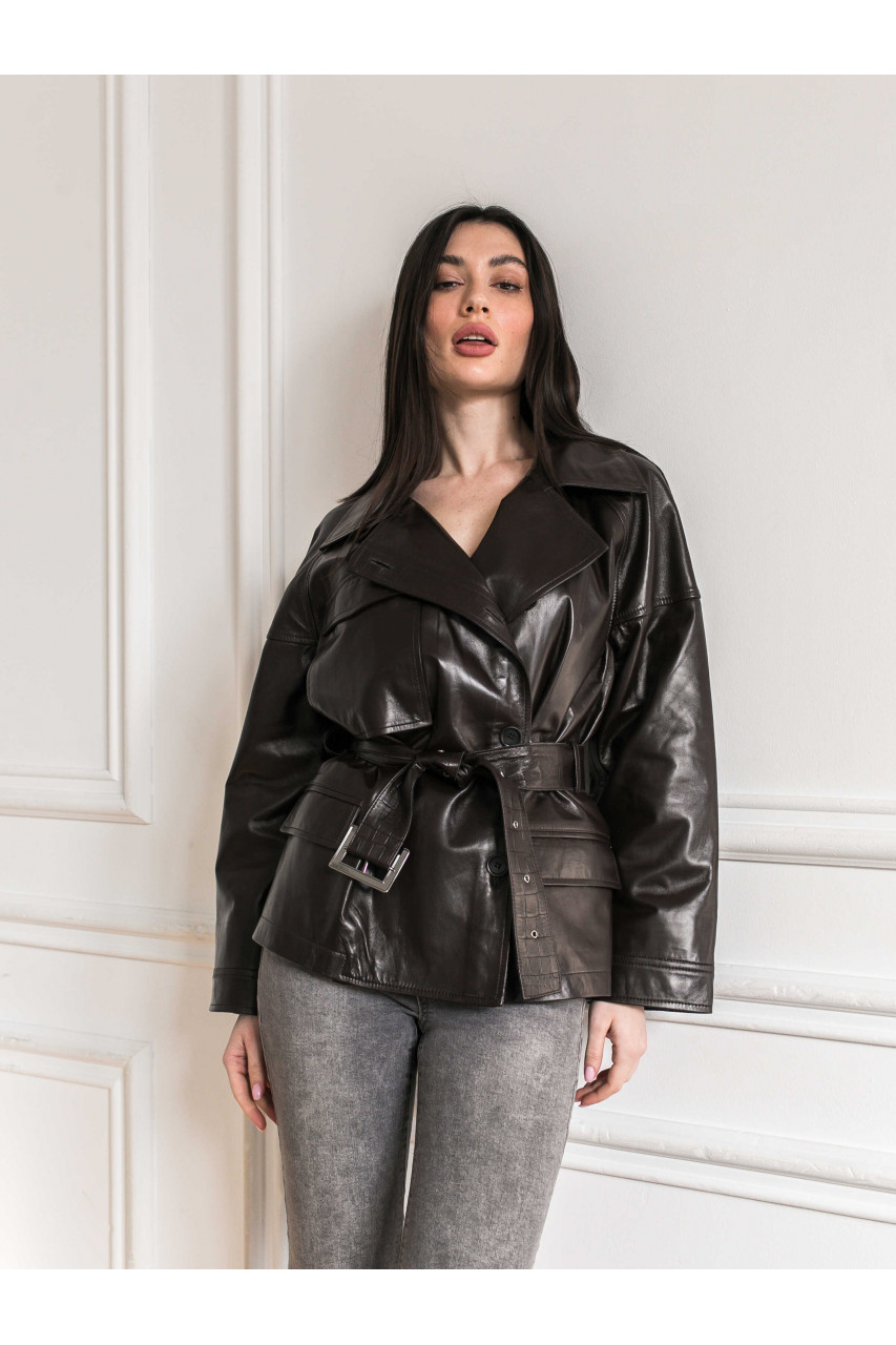 Жіноча куртка із натуральної шкіри чорного кольору в стилі OVERSIZE