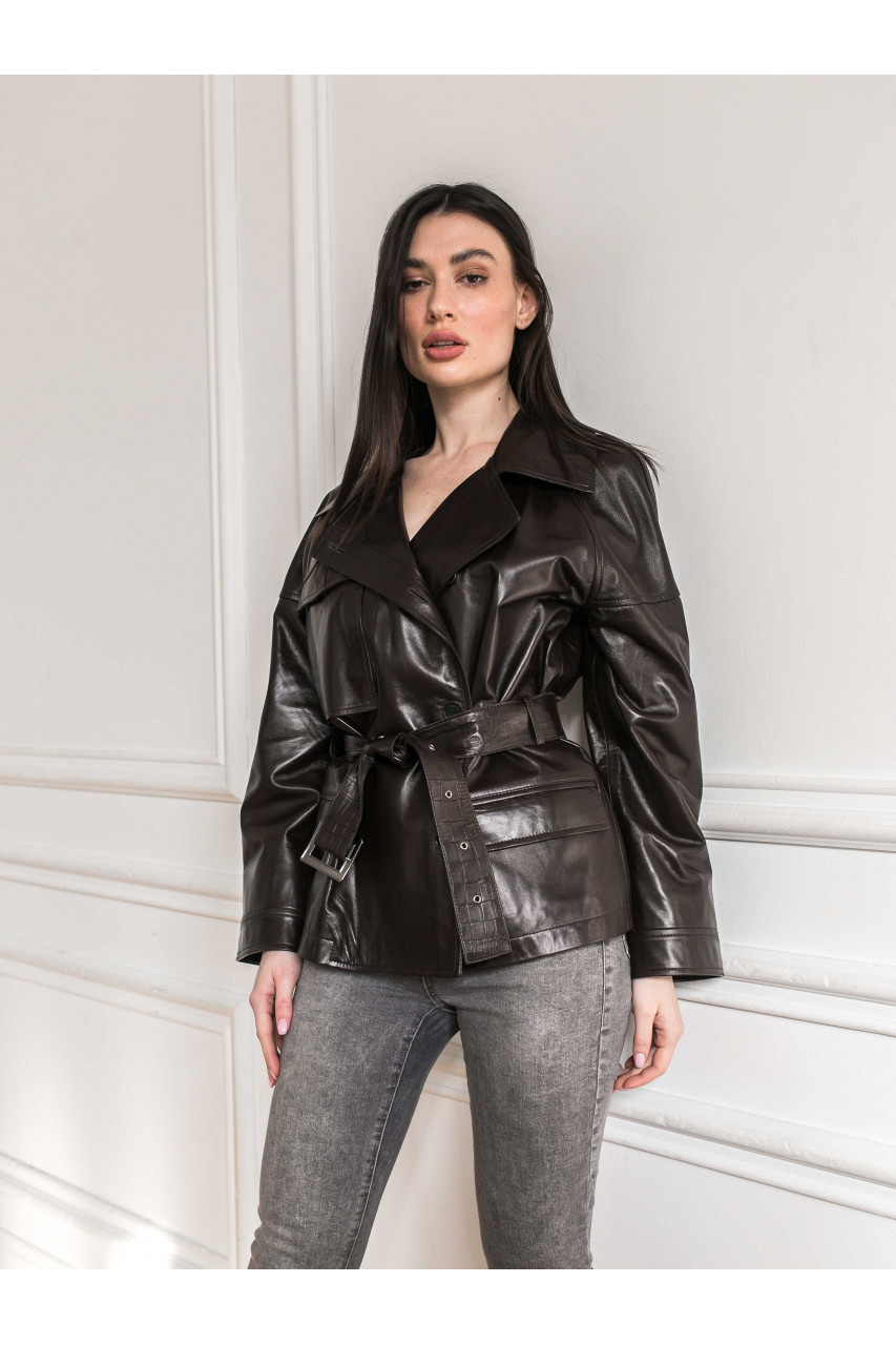 Жіноча куртка із натуральної шкіри чорного кольору в стилі OVERSIZE