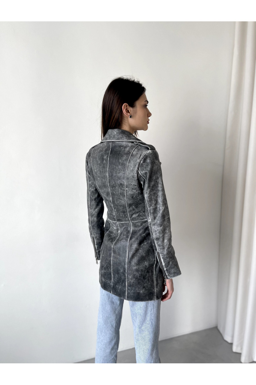 Куртка-косуха из натуральной кожи серого цвета в стиле ВИНТАЖ