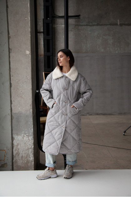 Gray women's down jacket with a fur collar