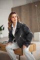 Women's stylish jacket of gray color in OVERSIZE style made of genuine leather