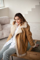 Women's sheepskin coat made of natural straw-colored sheepskin in VINTAGE style