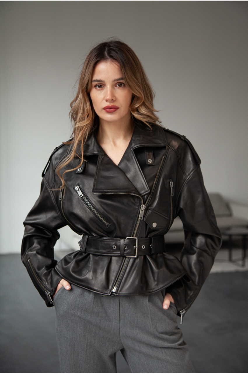 Жіноча куртка OVERSIZE з натуральної шкіри чорного кольору