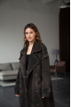 Stylish women's trench coat made of genuine leather in VINTAGE style, dark brown color