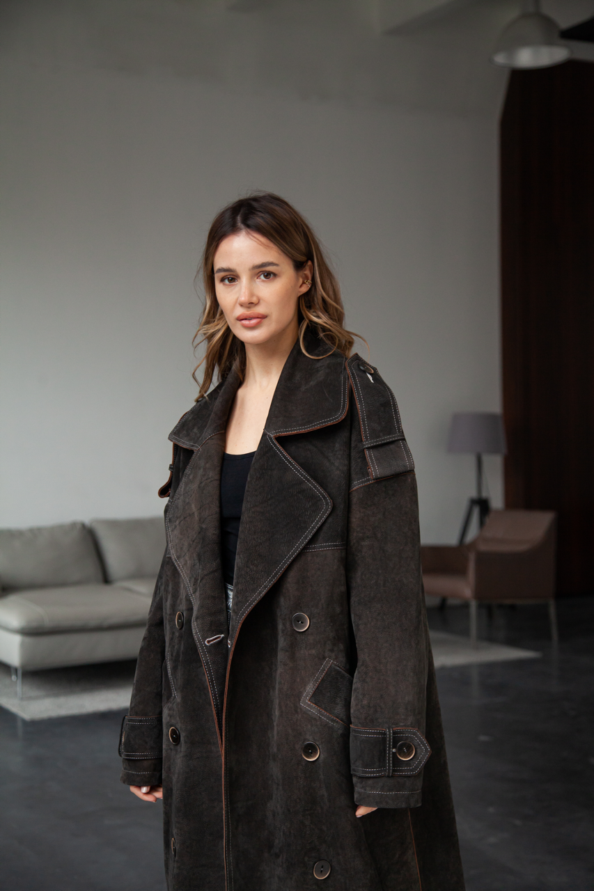 Stylish women's trench coat made of genuine leather in VINTAGE style, dark brown color