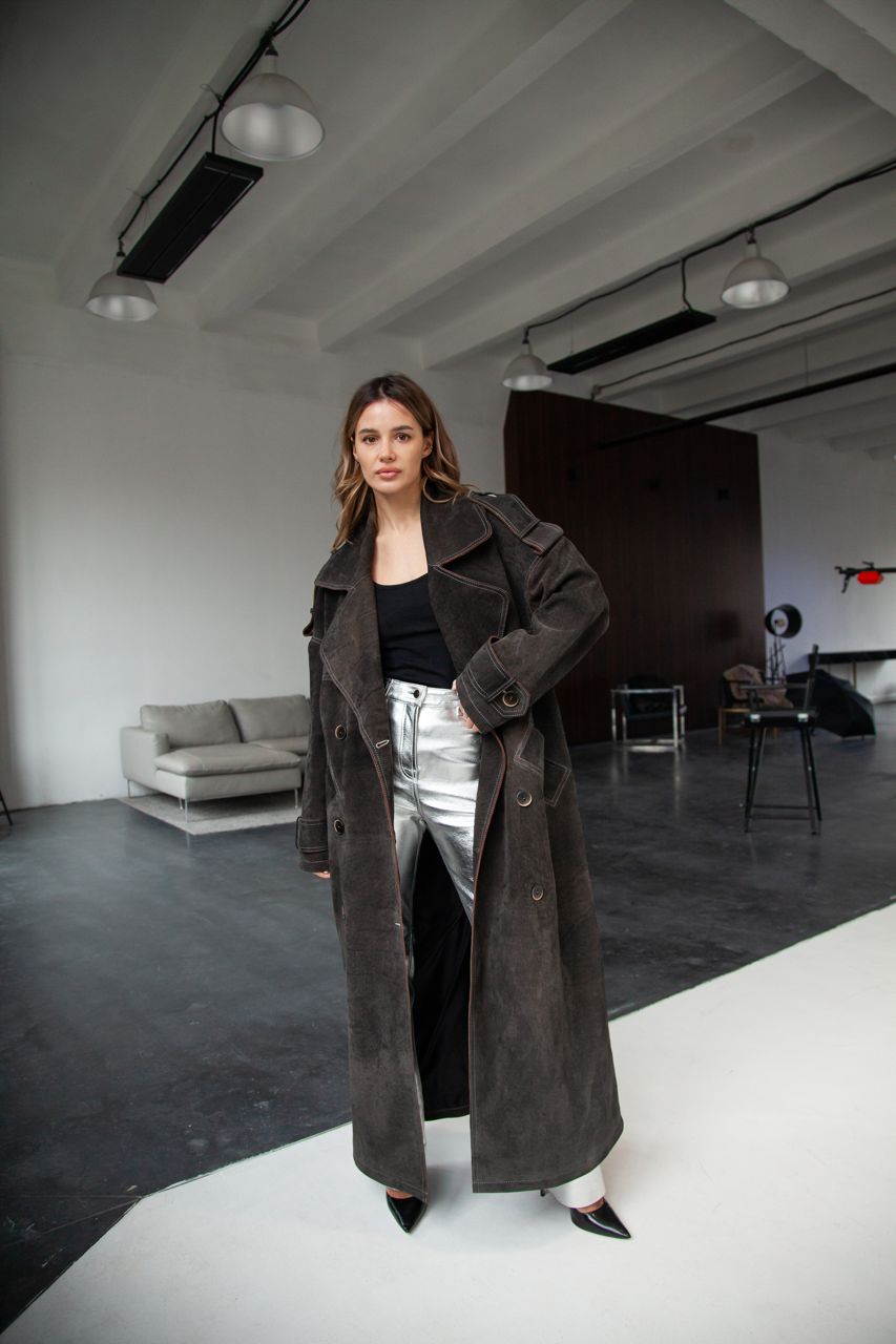 Stylish women's trench coat made of genuine leather in VINTAGE style, dark brown color