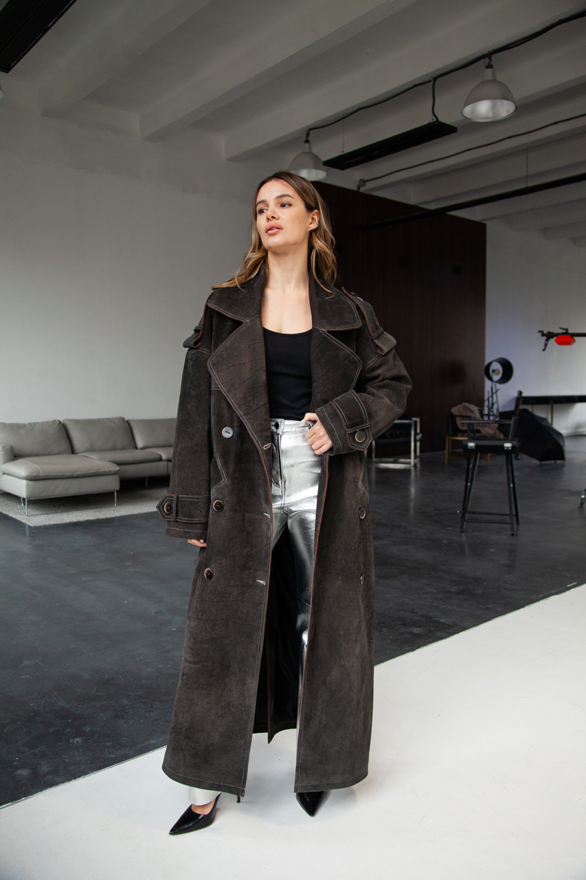 Stylish women's trench coat made of genuine leather in VINTAGE style, dark brown color