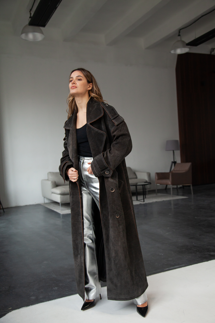 Stylish women's trench coat made of genuine leather in VINTAGE style, dark brown color