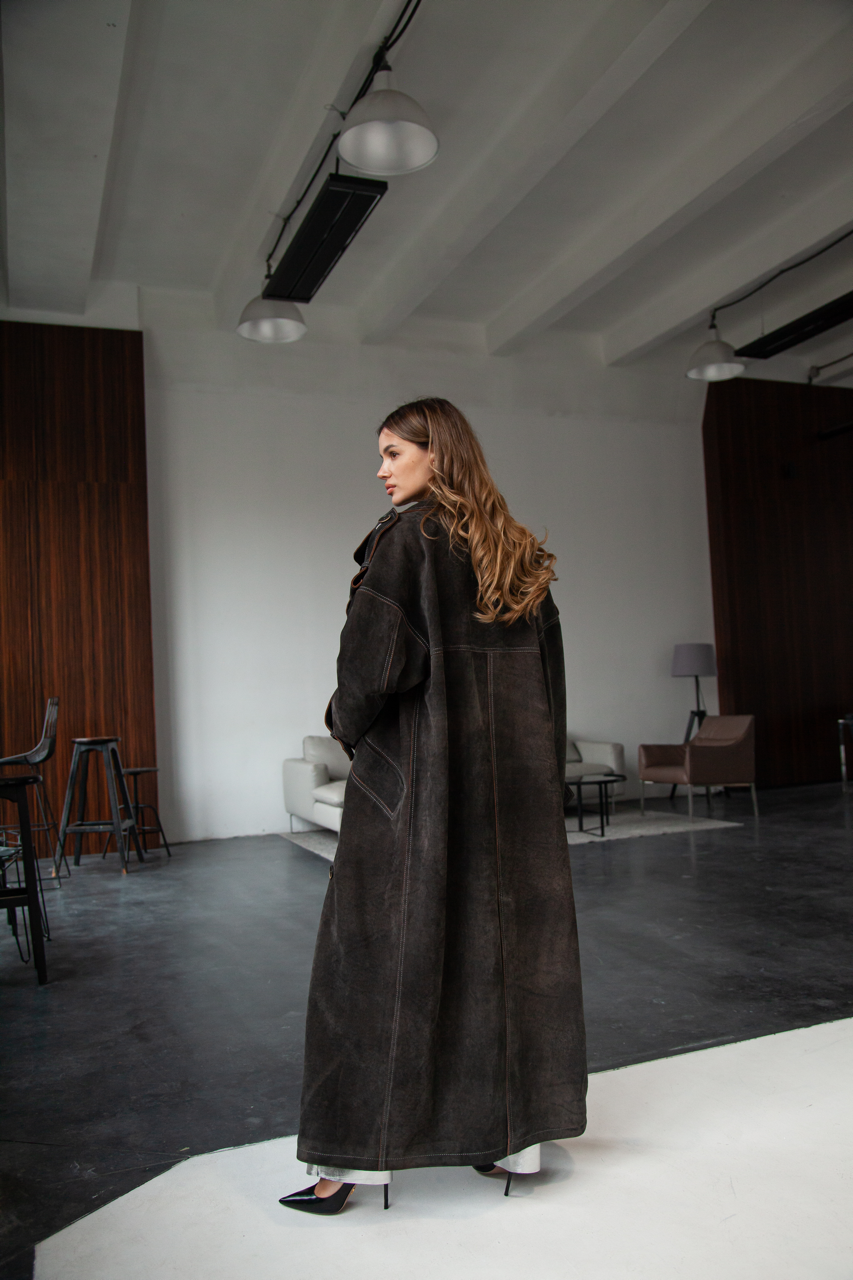 Stylish women's trench coat made of genuine leather in VINTAGE style, dark brown color