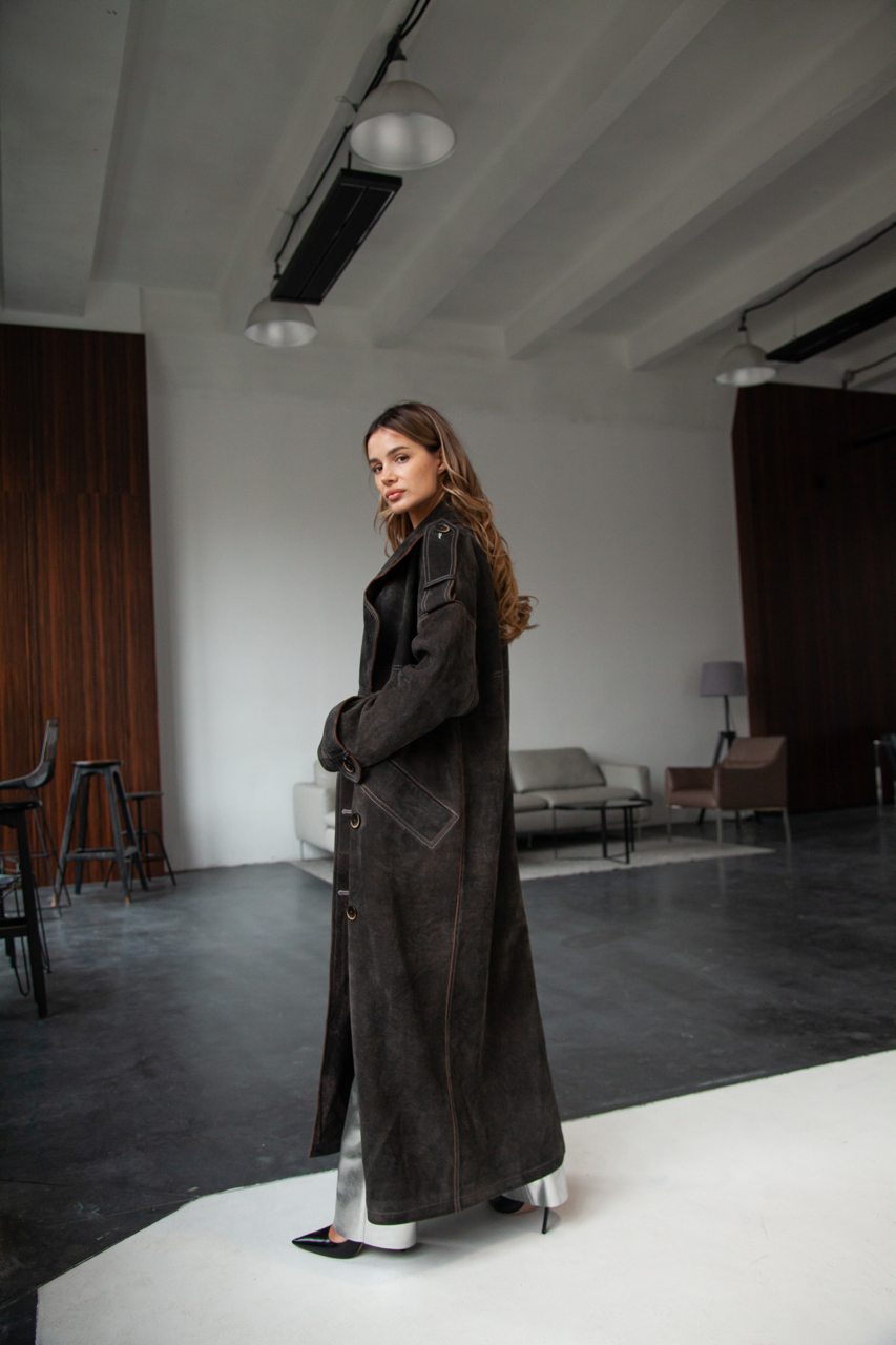 Stylish women's trench coat made of genuine leather in VINTAGE style, dark brown color