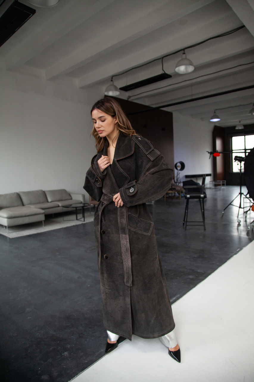 Stylish women's trench coat made of genuine leather in VINTAGE style, dark brown color