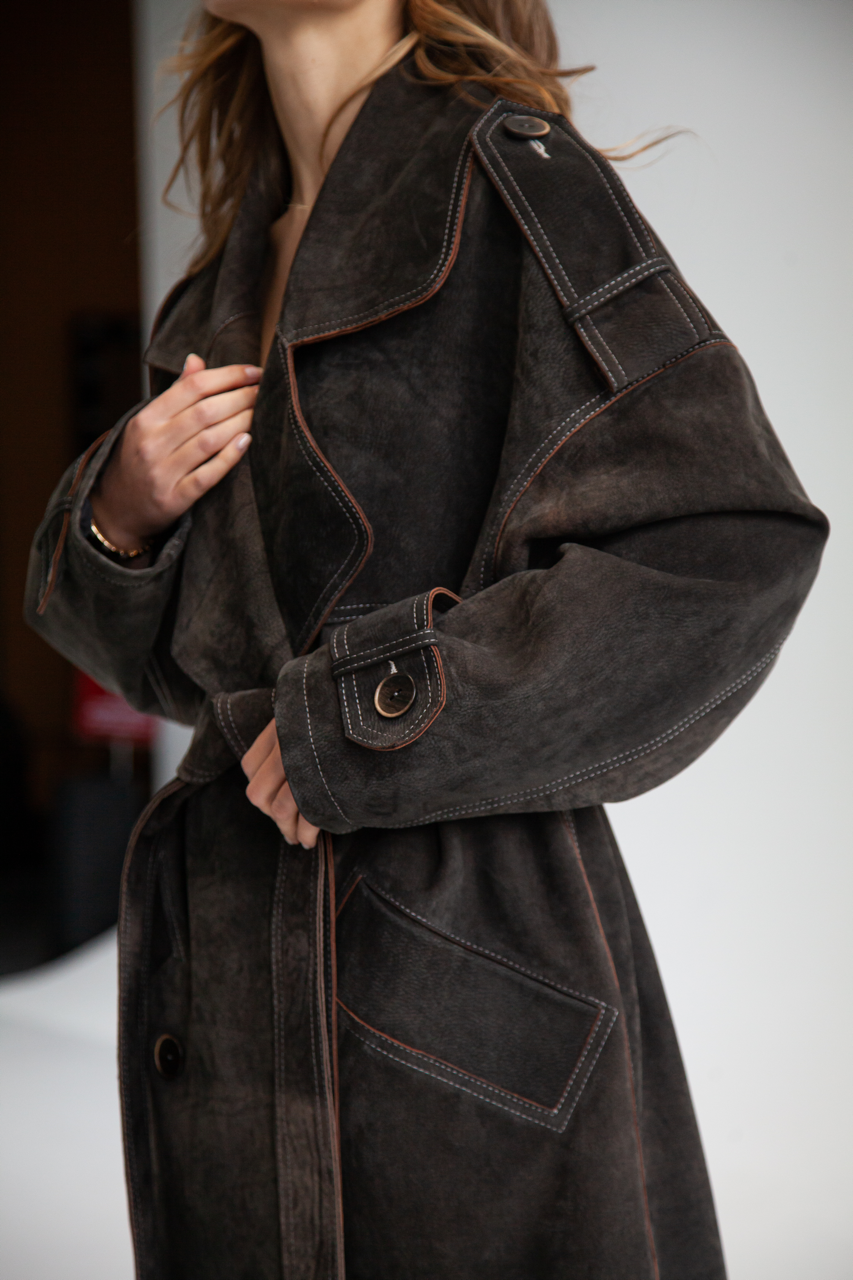 Stylish women's trench coat made of genuine leather in VINTAGE style, dark brown color
