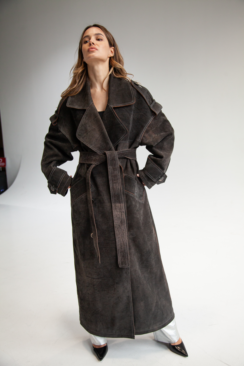 Stylish women's trench coat made of genuine leather in VINTAGE style, dark brown color