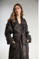 Stylish women's trench coat made of genuine leather in VINTAGE style, dark brown color