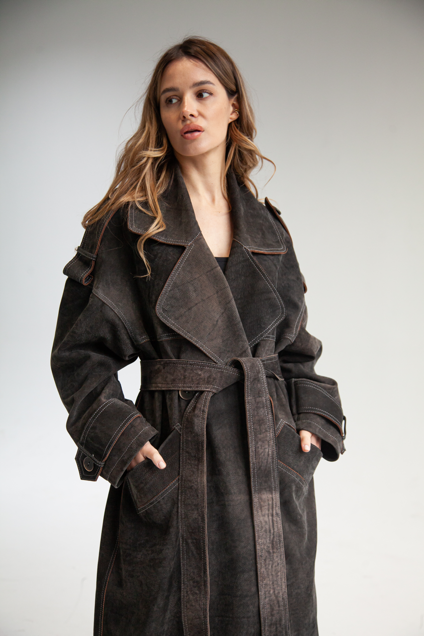 Stylish women's trench coat made of genuine leather in VINTAGE style, dark brown color