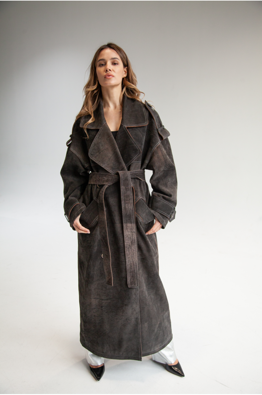 Stylish women's trench coat made of genuine leather in VINTAGE style, dark brown color