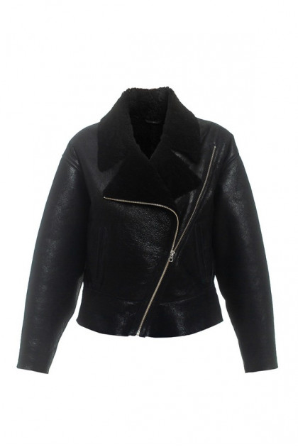 Short black sheepskin bomber jacket made of natural sheepskin