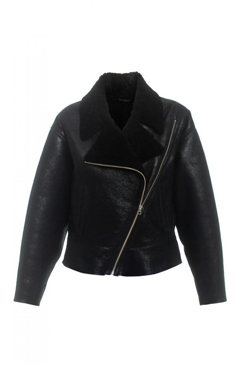 Short black sheepskin bomber jacket made of natural sheepskin