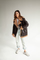 Women's sheepskin coat of dark chocolate color made of natural sheepskin in VINTAGE style