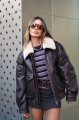 Dark chocolate leather jacket in VINTAGE style with fur collar