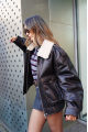 Dark chocolate leather jacket in VINTAGE style with fur collar