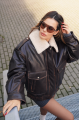 Dark chocolate leather jacket in VINTAGE style with fur collar