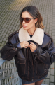Dark chocolate leather jacket in VINTAGE style with fur collar
